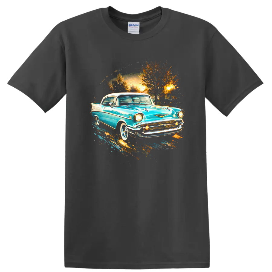Turquoise 1957 Chevrolet Bel Air classic car graphic print with sunset backdrop on a Charcoal T Shirt