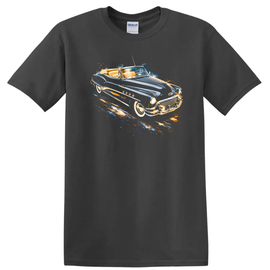 1951 Buick Super Convertible vintage car graphic print with blue and chrome details on a Charcoal T Shirt