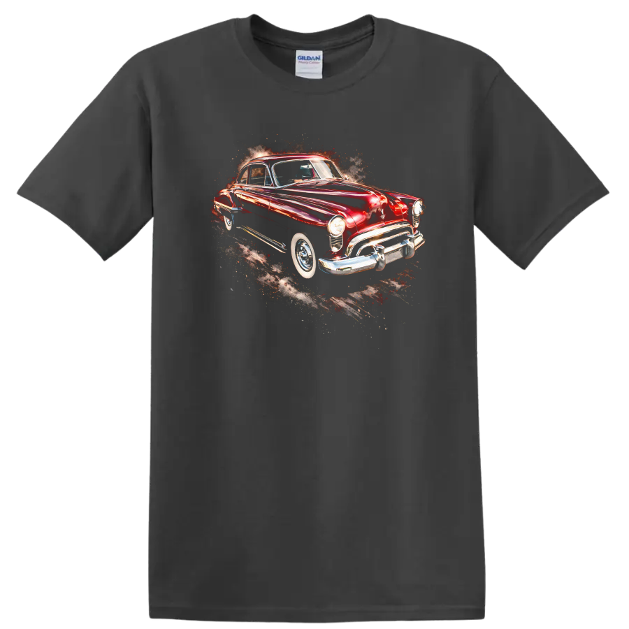 Red Oldsmobile Futuramic 88 Club Coupe classic car graphic print T shirt on a Charcoal T Shirt