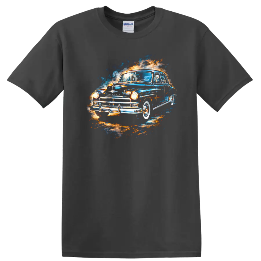 Watercolor Plymouth classic old car with blue and orange splash graphic print on a Charcoal T Shirt