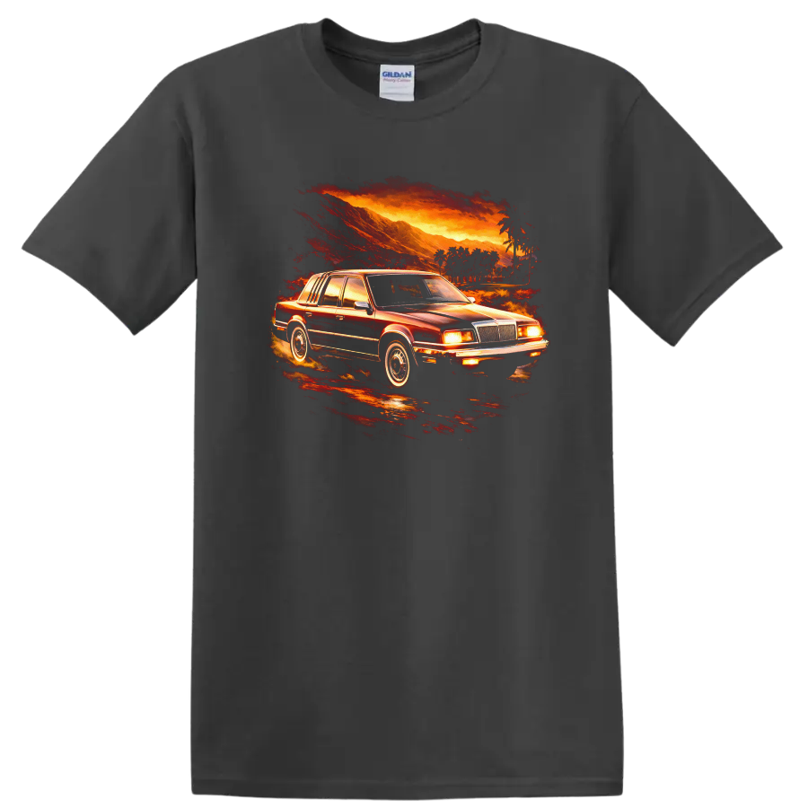 Classic Chrysler New Yorker XIII car in a fiery sunset graphic print T shirt on a Charcoal T Shirt