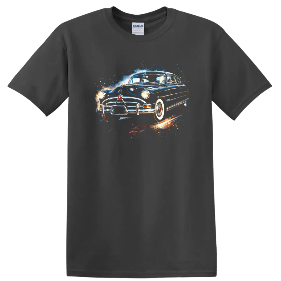 Classic Hudson Hornet old car graphic print with blue vintage racing design on a Charcoal T Shirt