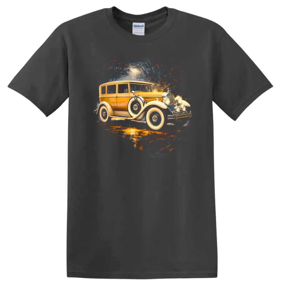 1928 Packard vintage car graphic print on T shirt on a Charcoal T Shirt