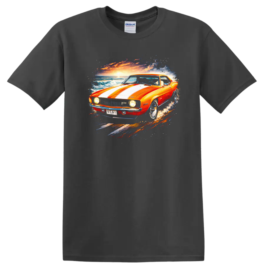 Orange 1969 Chevrolet Camaro Z/28 with white stripes, ocean waves, and sunset art on a Charcoal T Shirt