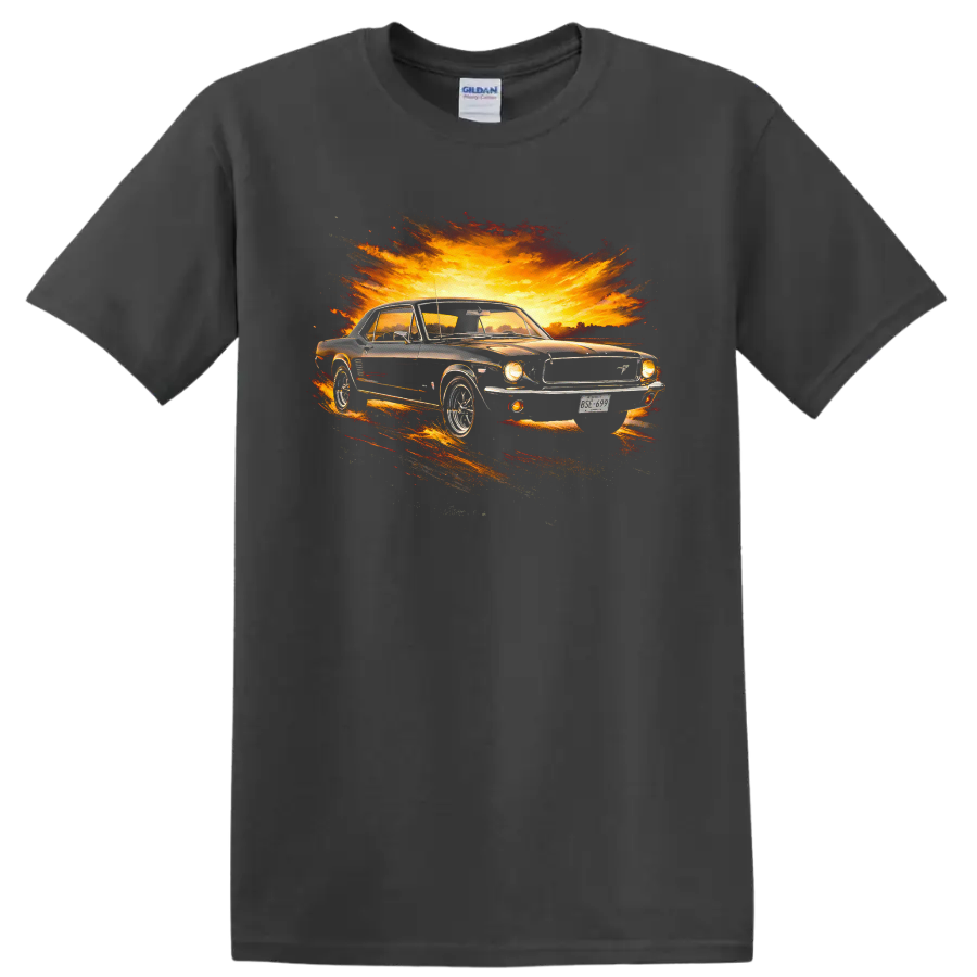 Old Ford Mustang graphic print with fiery sunset burst T shirt on a Charcoal T Shirt