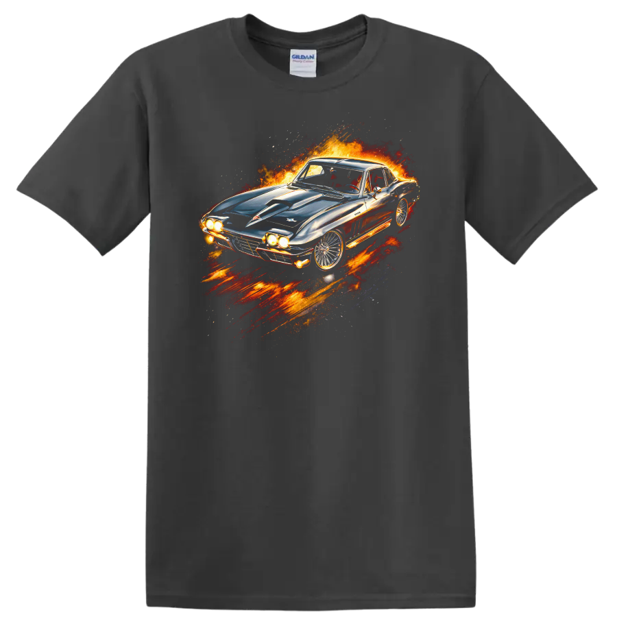 1963 Chevrolet Corvette Sting Ray flame graphic T shirt on a Charcoal T Shirt