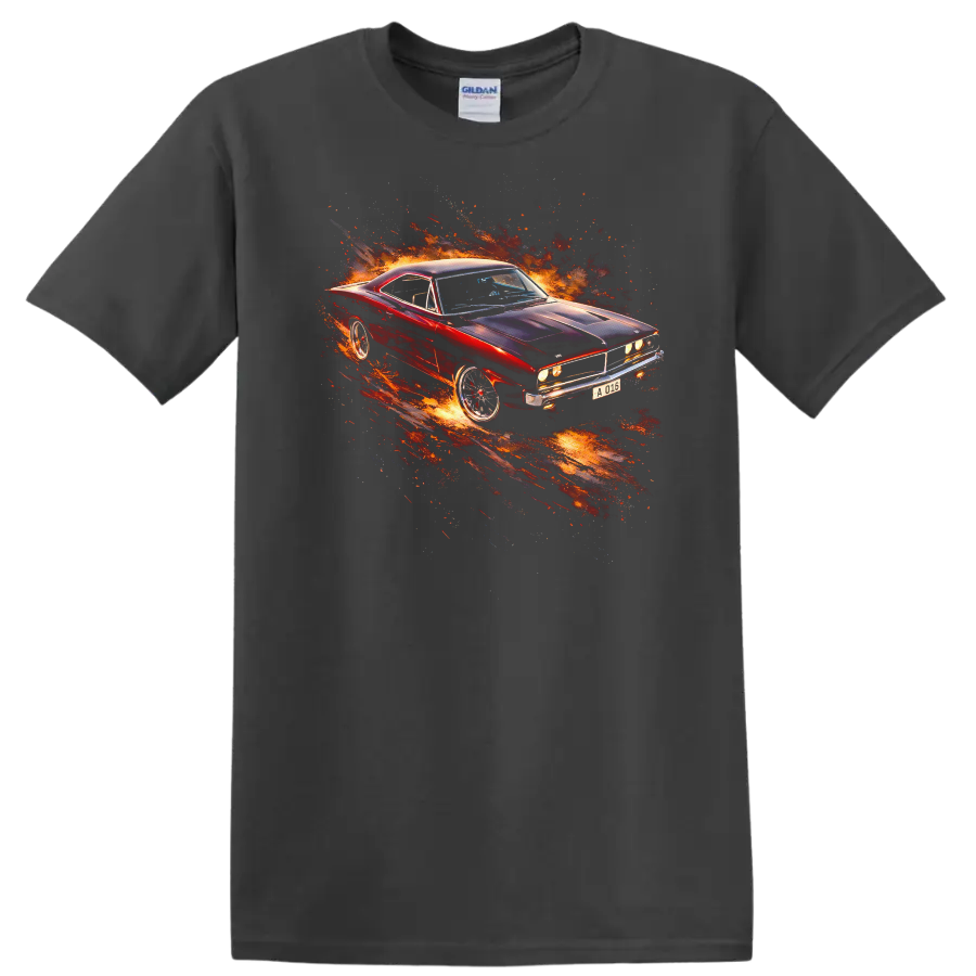 1969 Dodge Charger car with fiery graphic print on a T shirt on a Charcoal T Shirt