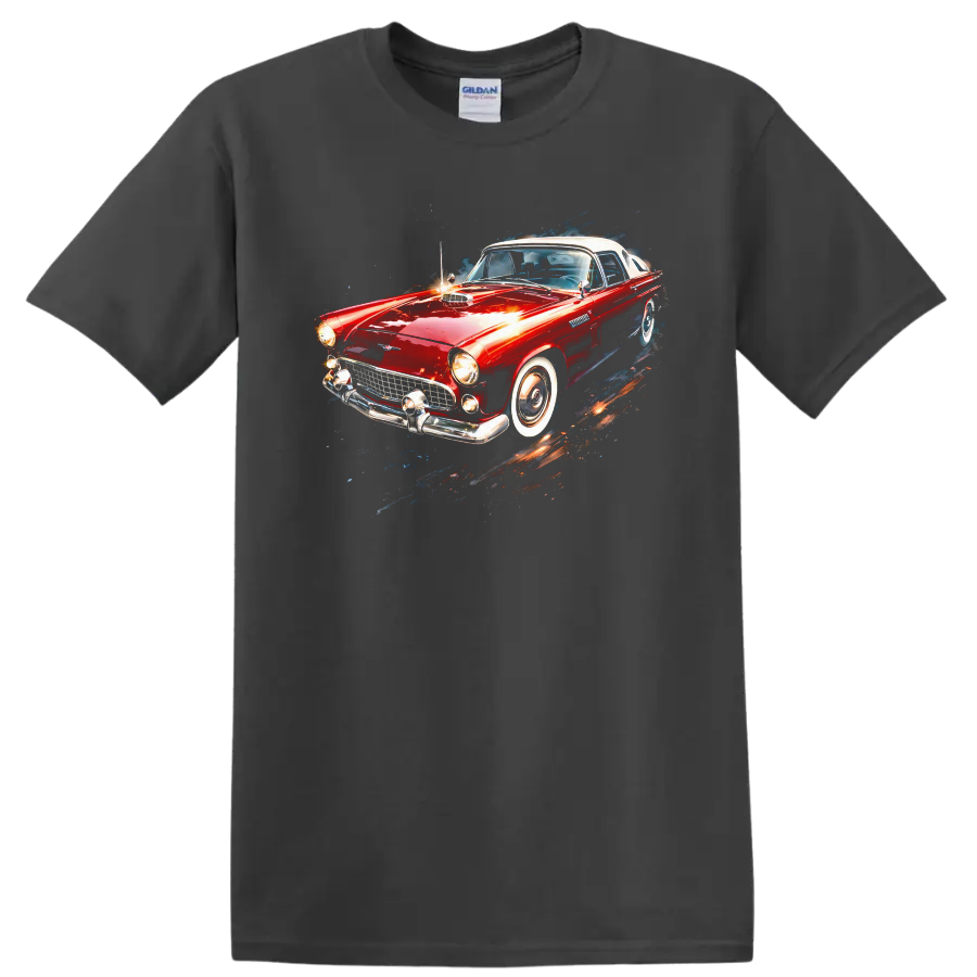 Red Ford Thunderbird classic car graphic print T shirt on a Charcoal T Shirt
