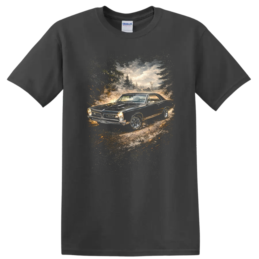 Pontiac GTO in a vintage countryside scene graphic print T shirt on a Charcoal T Shirt
