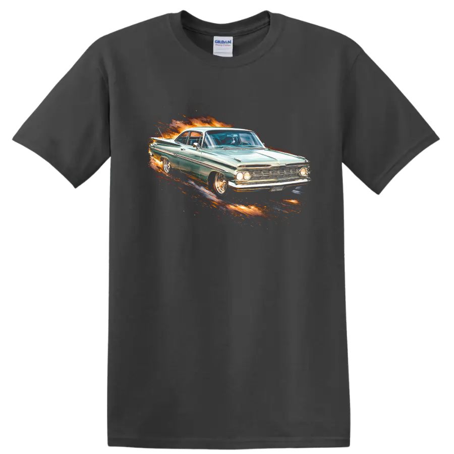 1961 Chevrolet Impala classic car with flame-style graphic print on a Charcoal T Shirt
