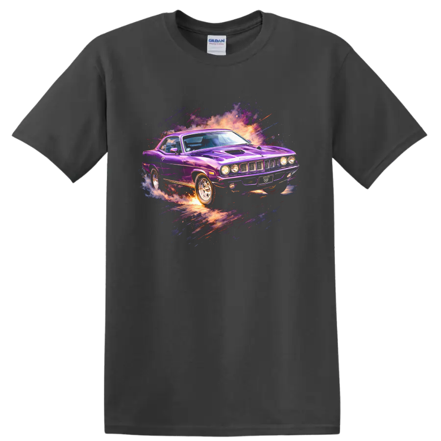 Purple Plymouth Barracuda car graphic print T-shirt with explosive retro splash effects on a Charcoal T Shirt