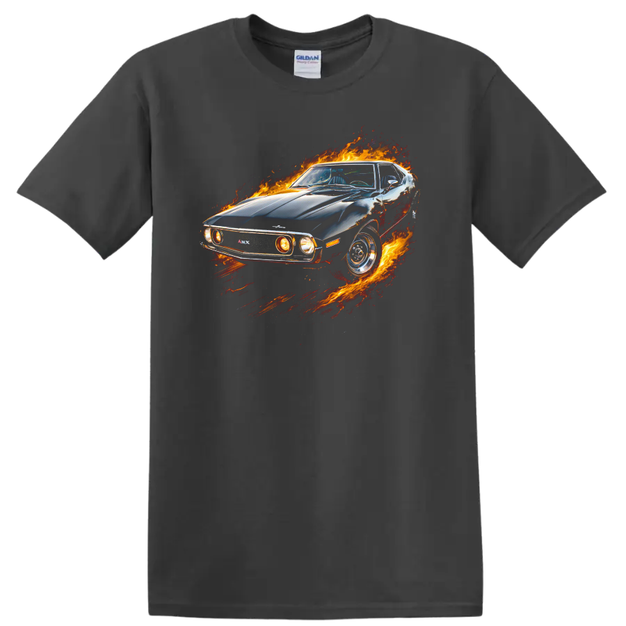 AMC Javelin AMX muscle car surrounded by flames graphic on a black T shirt on a Charcoal T Shirt