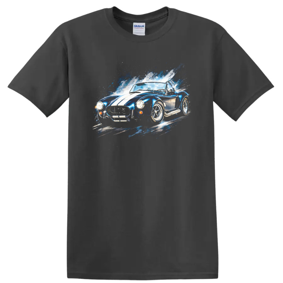 Blue Shelby Cobra old car graphic print with white stripes and splash effect on a Charcoal T Shirt