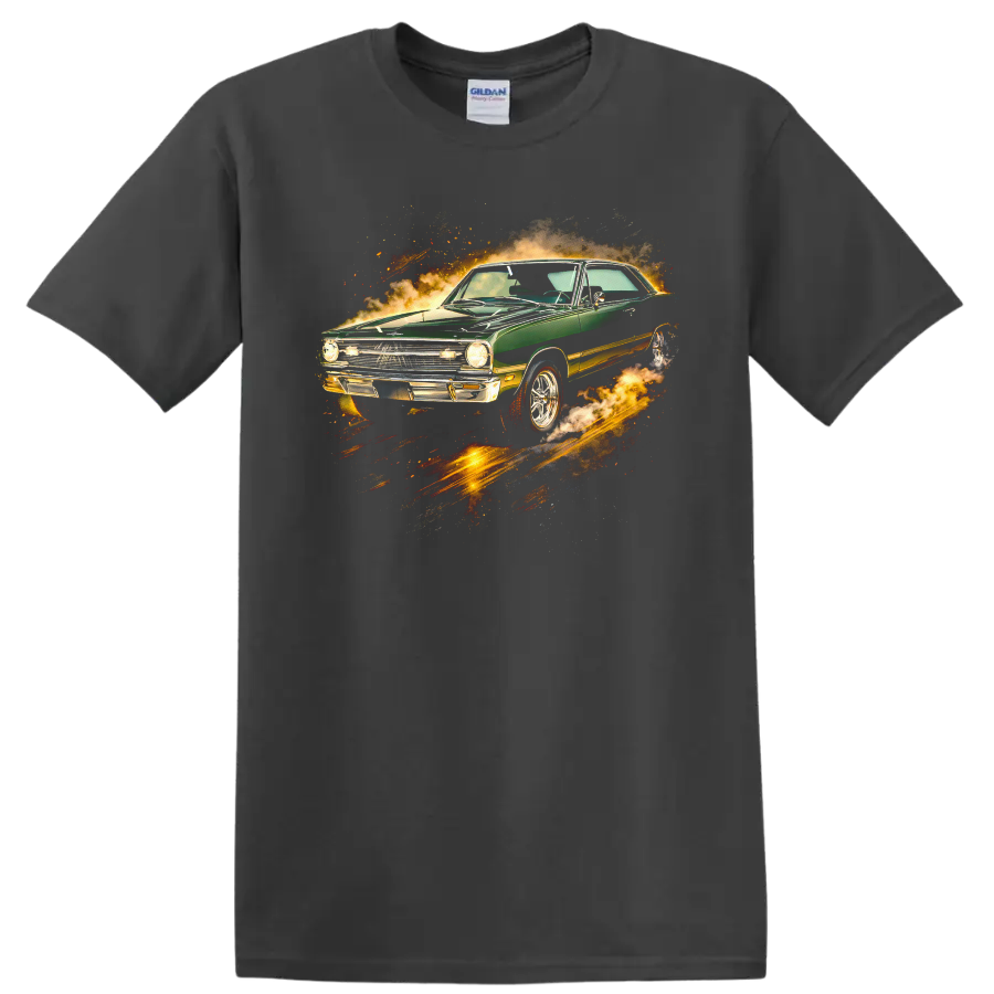 Green 1968 Dodge Dart with fiery motion effects graphic print T shirt on a Charcoal T Shirt