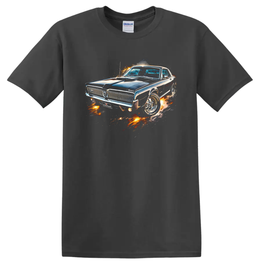 1967 Mercury Cougar classic car graphic print with chrome details and fiery effects on a Charcoal T Shirt