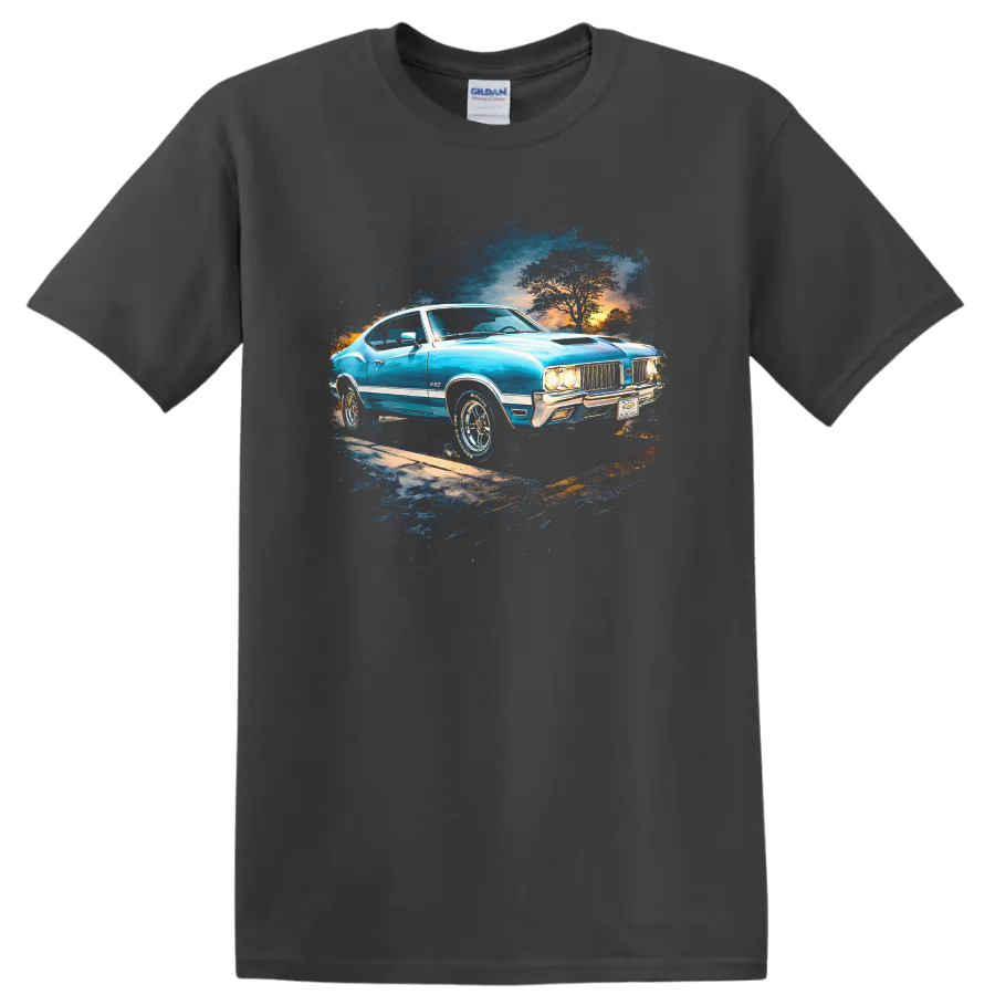 Blue 1970 Oldsmobile 442 classic car graphic print T-shirt on a Charcoal T Shirt