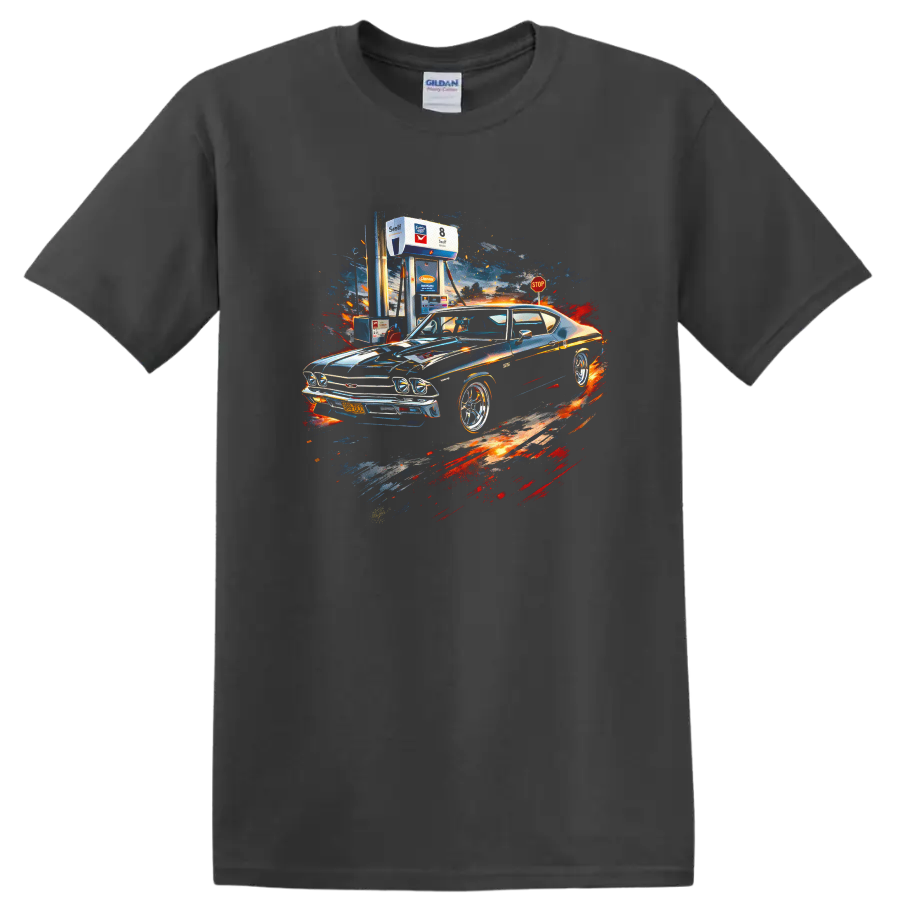 Chevrolet Chevelle muscle car with colorful splash art graphic print on T shirt on a Charcoal T Shirt
