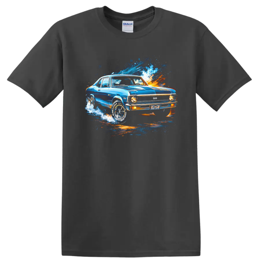 Blue 1970 Chevrolet Nova SS classic car graphic T shirt with splash effects on a Charcoal T Shirt