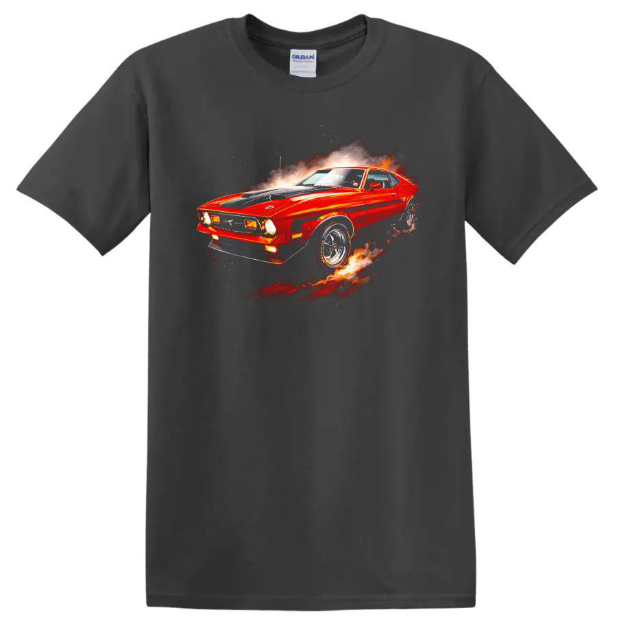 Red Ford Mustang Mach 1 with flames and motion effects graphic print T shirt on a Charcoal T Shirt