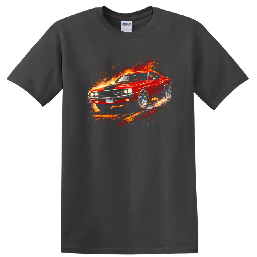 Red 1970 Dodge Challenger R/T muscle car graphic print T shirt on a Charcoal T Shirt