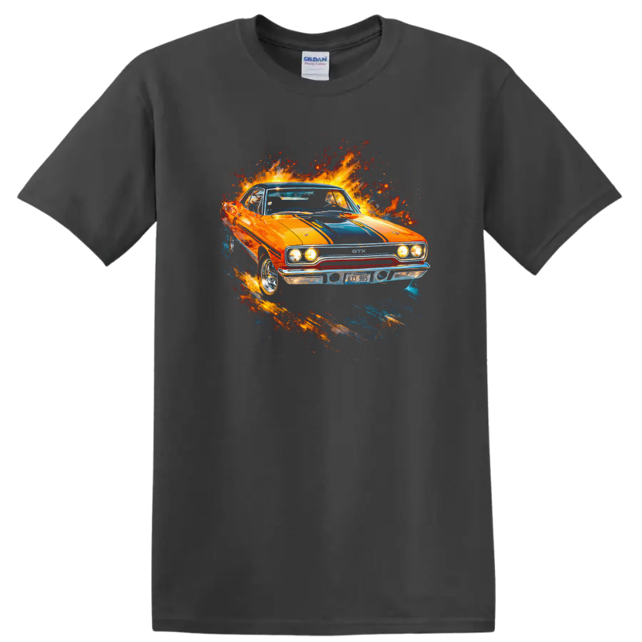 Orange Plymouth GTX classic car with blue stripes and paint splash graphic on T shirt on a Charcoal T Shirt