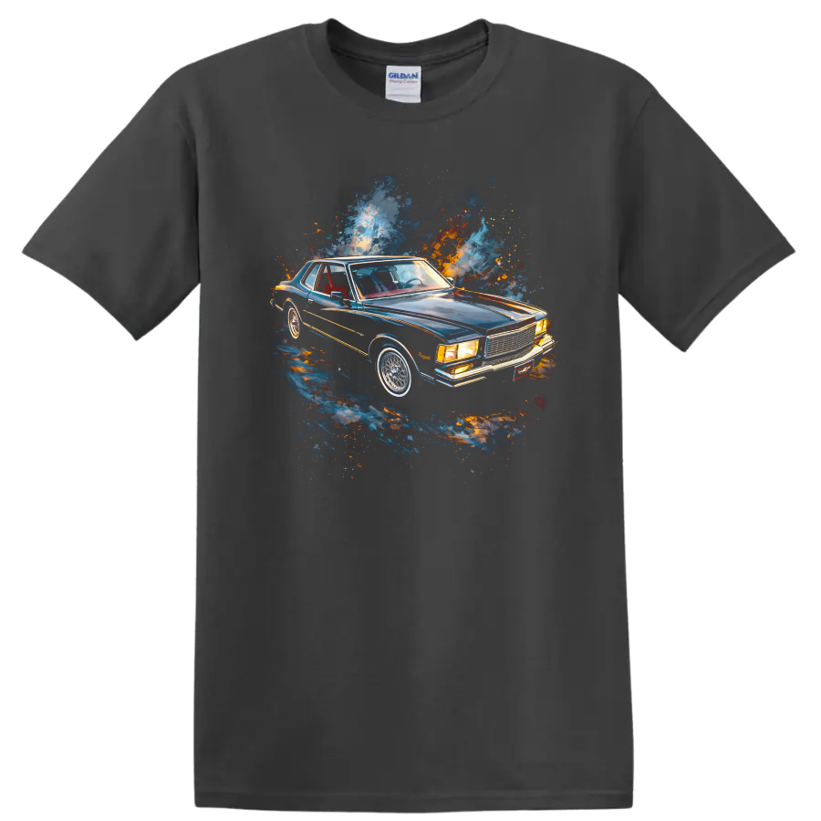 Chevrolet Monte Carlo classic car graphic print T shirt with blue and orange paint splash on a Charcoal T Shirt