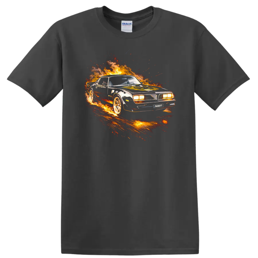 Pontiac Firebird Trans Am flaming muscle car graphic T Shirt on a Charcoal T Shirt