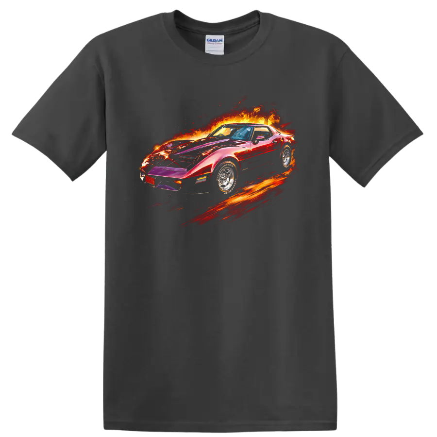 Chevrolet Corvette Stingray classic car with fiery graphic print on T shirt on a Charcoal T Shirt