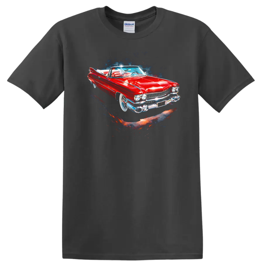 Red 1959 Cadillac Eldorado classic car graphic print T shirt on a Charcoal T Shirt