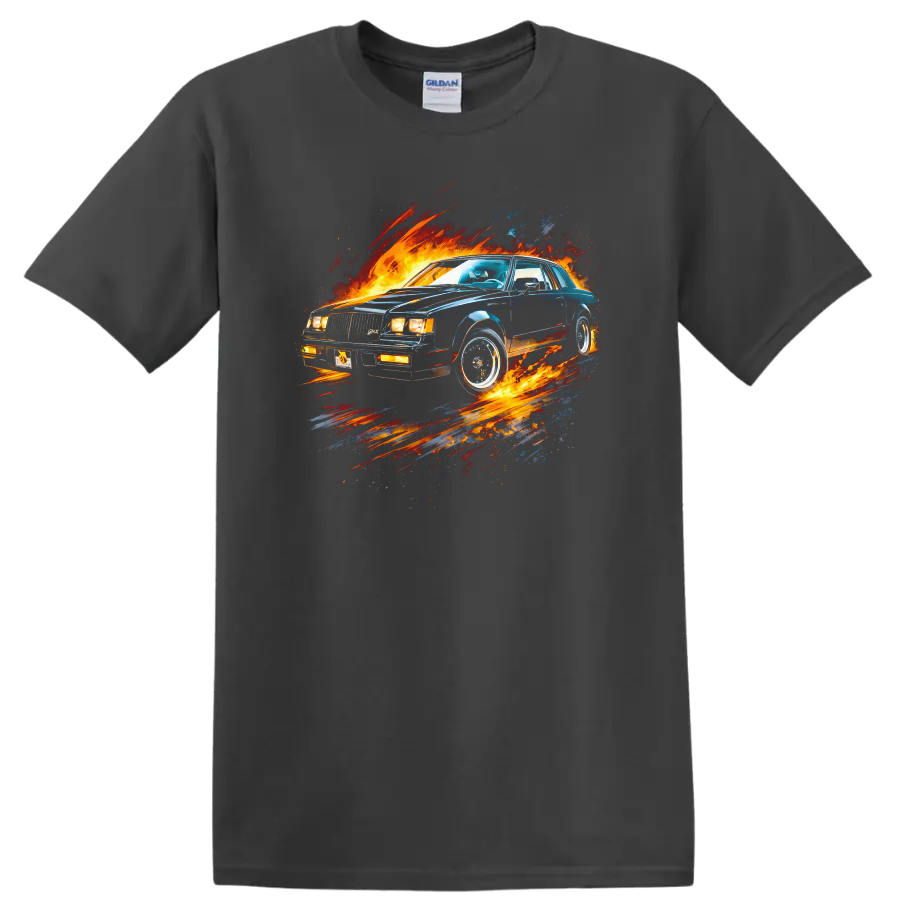 Buick Grand National old car with fiery graphic print T shirt on a Charcoal T Shirt