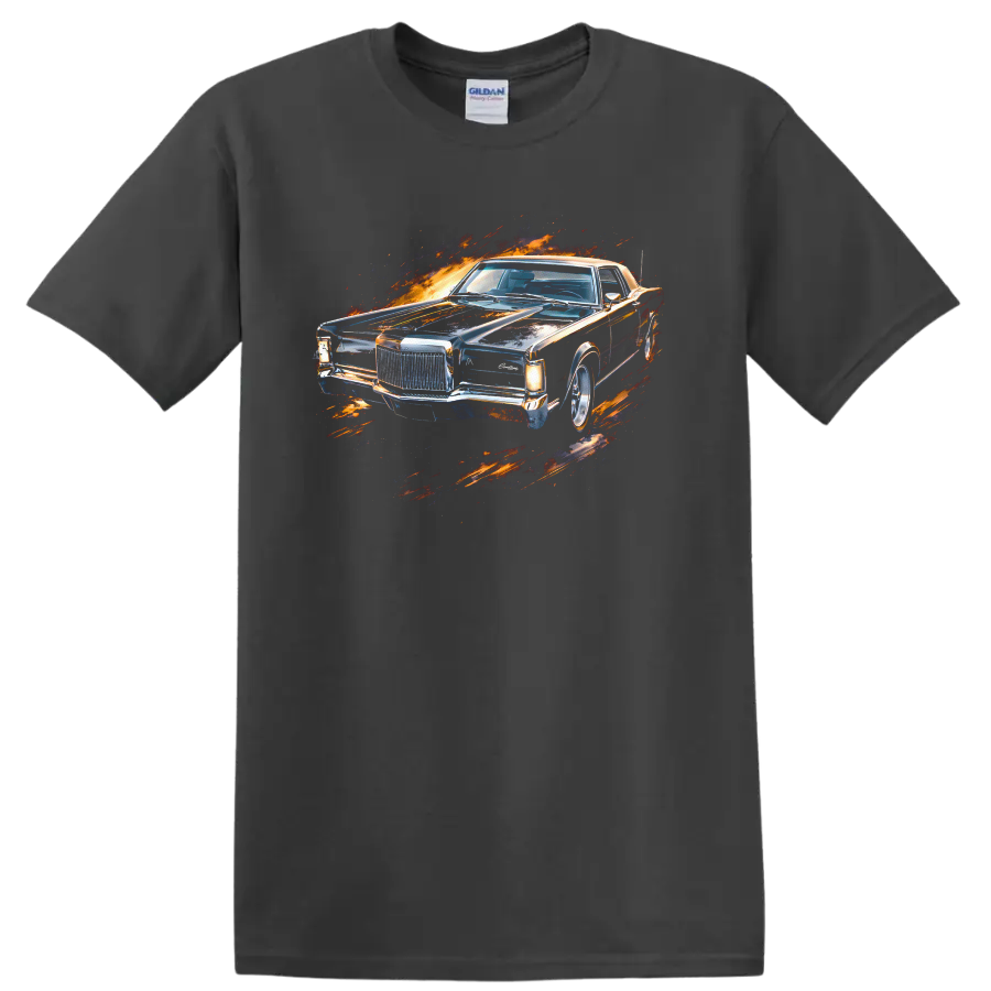 Lincoln Continental Mark III classic car with fiery splash graphic print T shirt on a Charcoal T Shirt