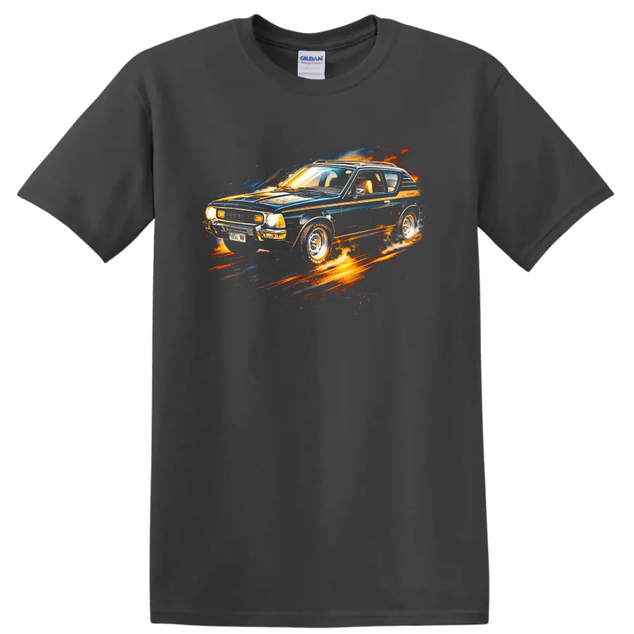 Colorful AMC Gremlin old car graphic print T-shirt with retro automotive splash design on a Charcoal T Shirt