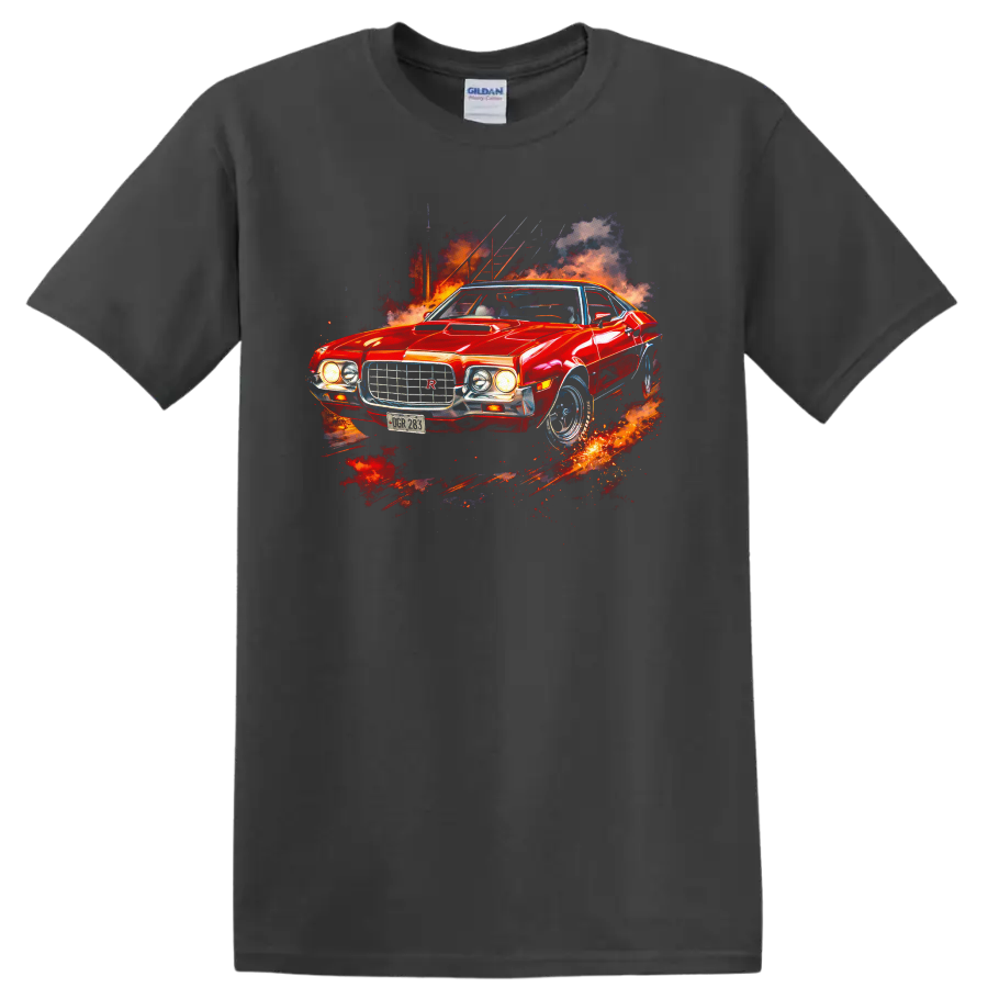 Red 1972 Ford Gran Torino Sport muscle car graphic print with fiery smoke on a Charcoal T Shirt