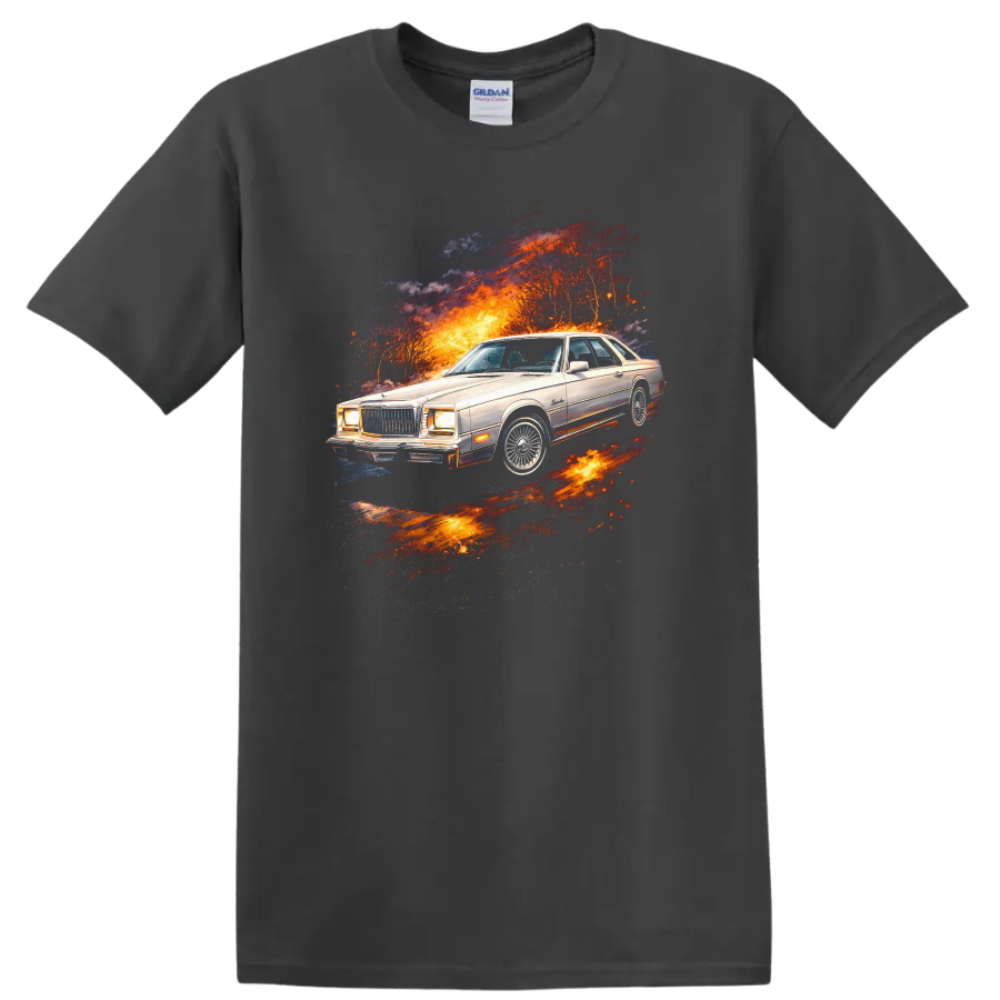 Chrysler Cordoba classic car graphic print with fiery retro energy burst on a Charcoal T Shirt