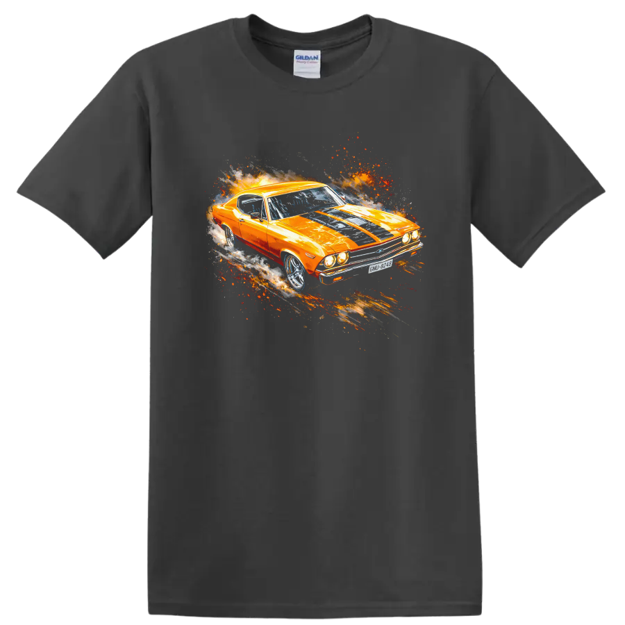 Orange 1969 Chevelle SS 396 muscle car graphic print with motion effects on T shirt on a Charcoal T Shirt