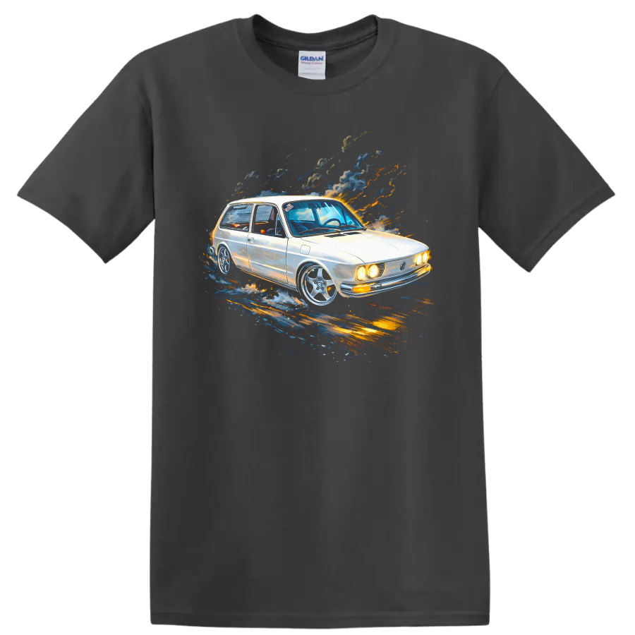 Volkswagen Brasília old car with colorful motion streaks graphic print T shirt on a Charcoal T Shirt