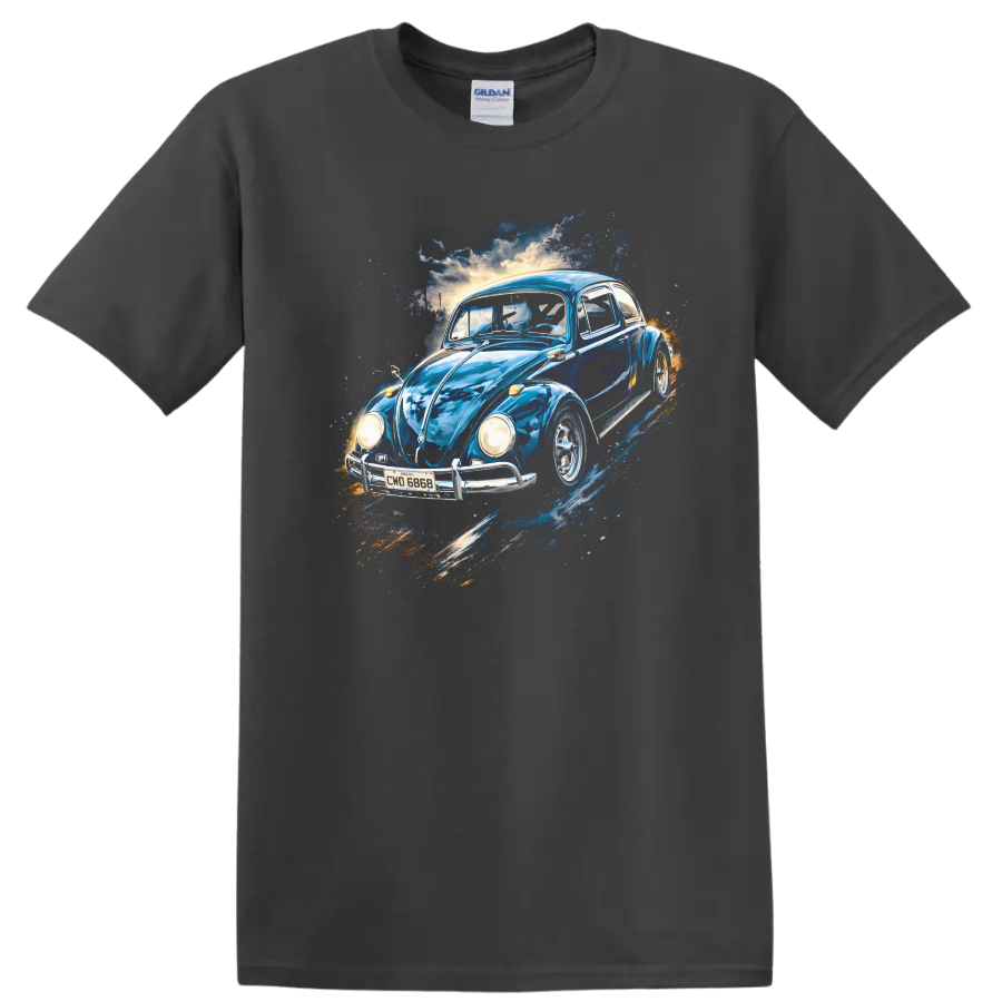 Blue Volkswagen Beetle vintage car graphic print T shirt on a Charcoal T Shirt