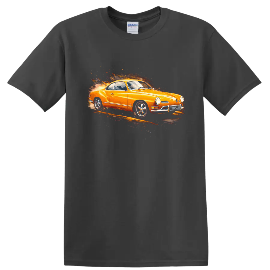 Orange Volkswagen Karmann Ghia classic car with fiery motion graphic on black background on a Charcoal T Shirt