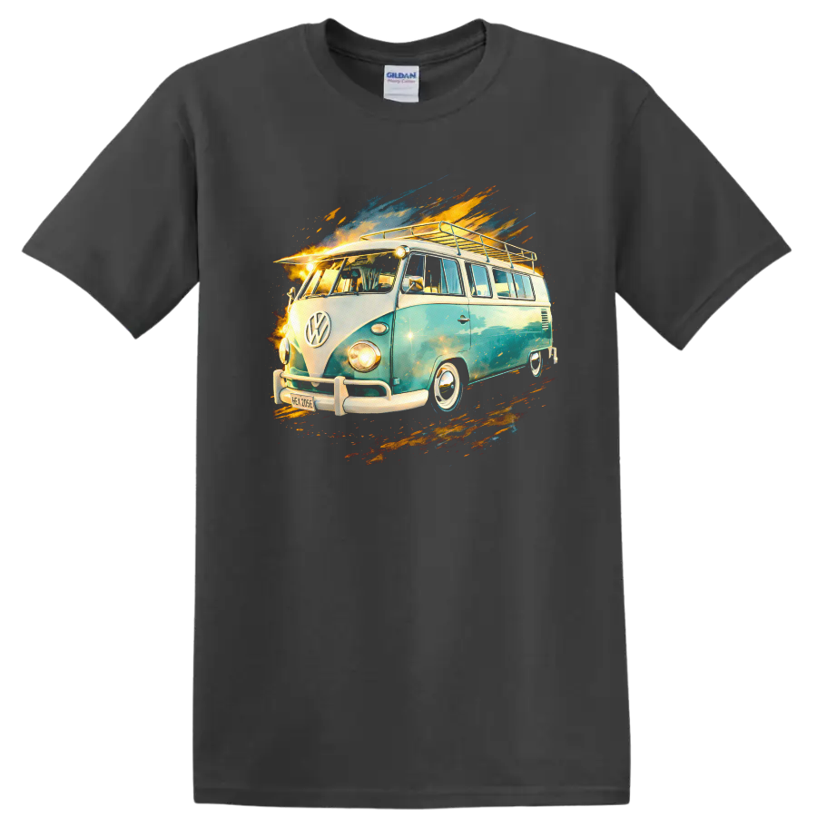 Volkswagen T1 camper van graphic print with colorful splash effects on a T shirt on a Charcoal T Shirt
