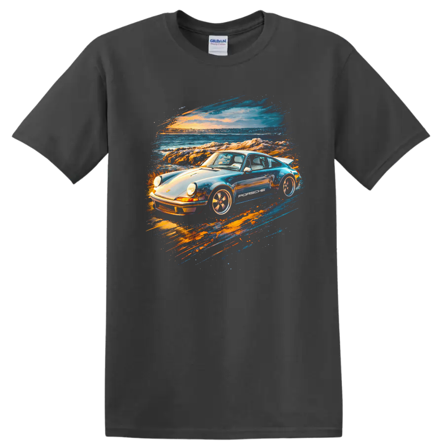 Pop art Porsche-style old car by the ocean at sunset, graphic print T shirt on a Charcoal T Shirt