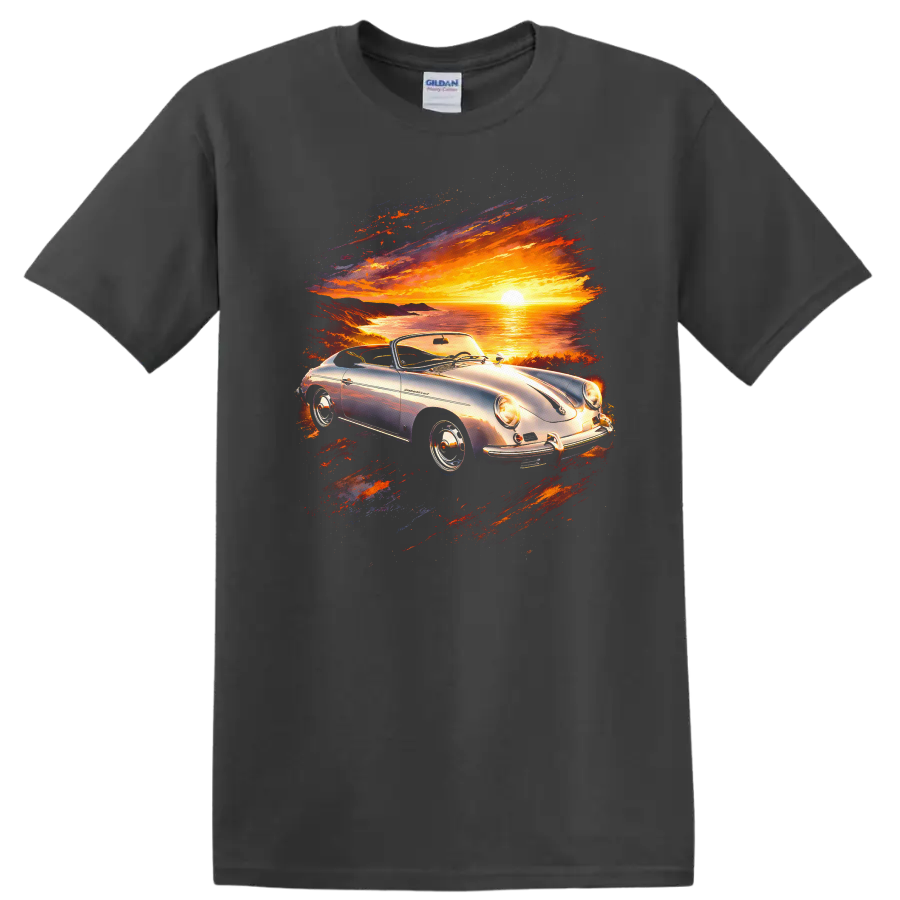 Porsche 356 convertible at sunset with colorful coastal scenic graphic print on a Charcoal T Shirt