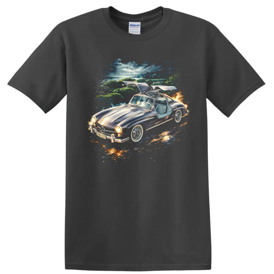 1954 Mercedes-Benz 300 SL Gullwing car artwork with scenic background on a T shirt on a Charcoal T Shirt