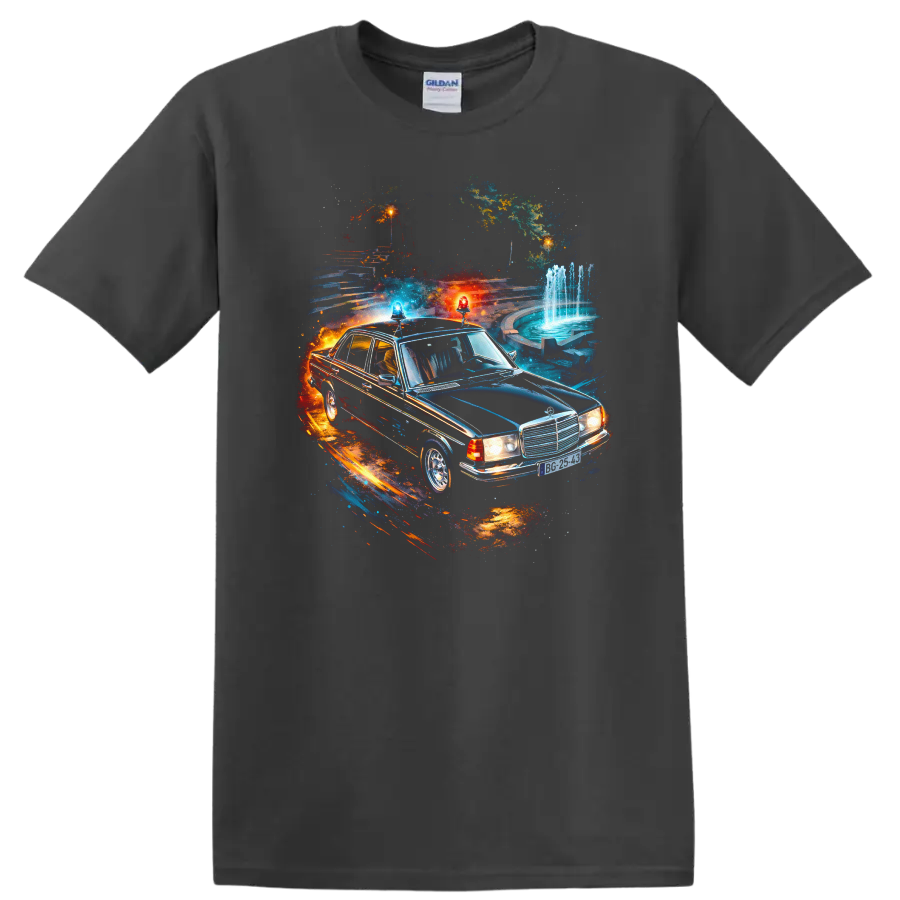 Mercedes-Benz W123 classic car with neon graphic print on T shirt on a Charcoal T Shirt