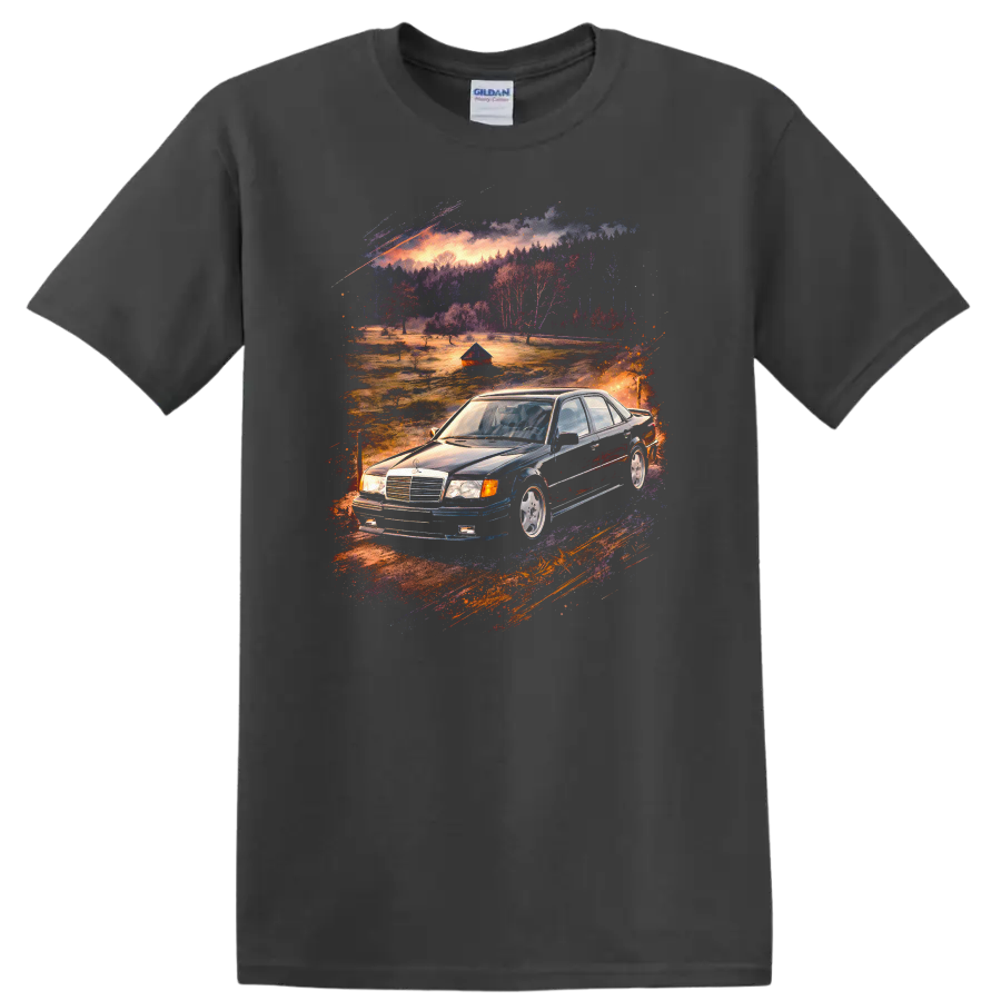 Mercedes-Benz E500 W124 old car graphic print T-shirt with scenic vintage car artwork on a Charcoal T Shirt