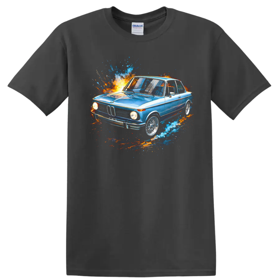 Blue BMW 2002 painting style car with colorful splash graphic on T shirt on a Charcoal T Shirt
