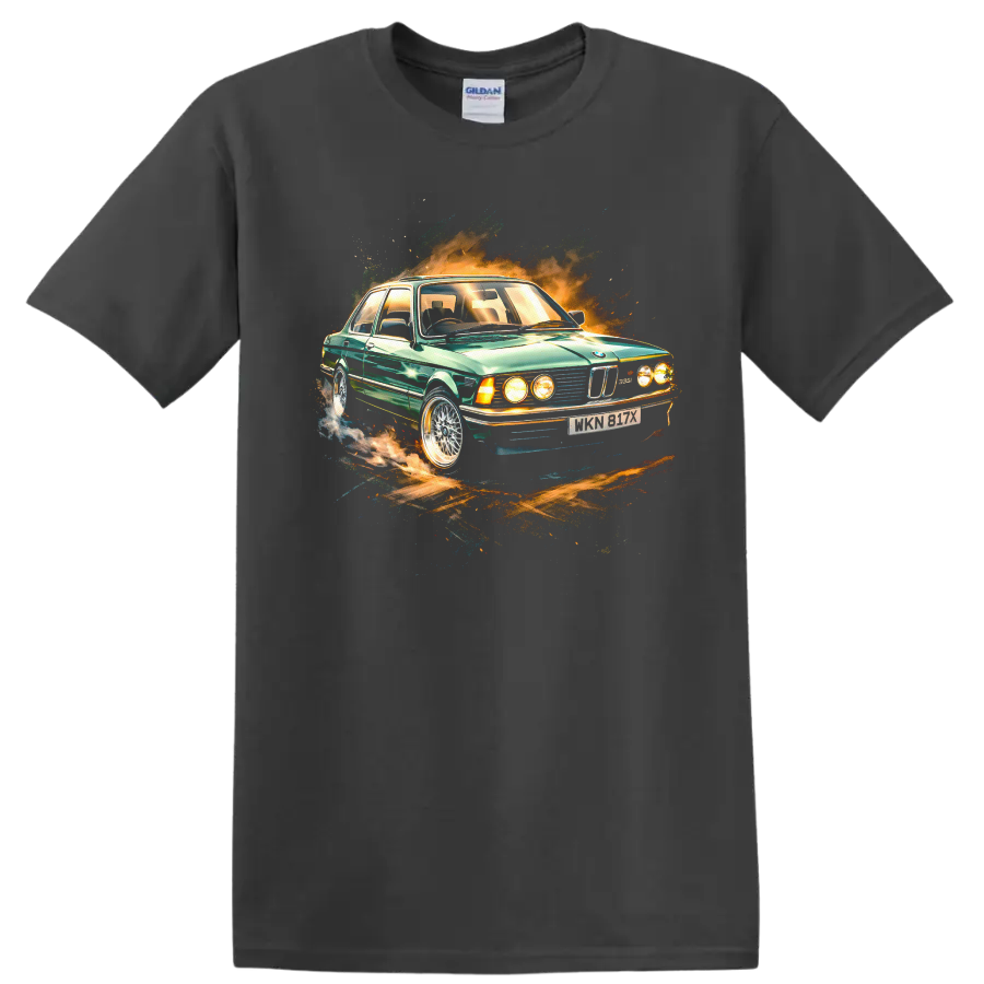 BMW E21 Alpina green classic car graphic print T shirt on a Charcoal T Shirt