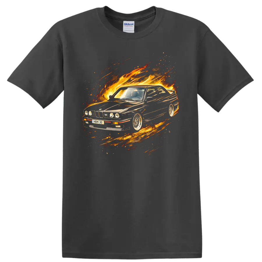 BMW E30 M3 car surrounded by flames and motion streaks graphic T-shirt on a Charcoal T Shirt