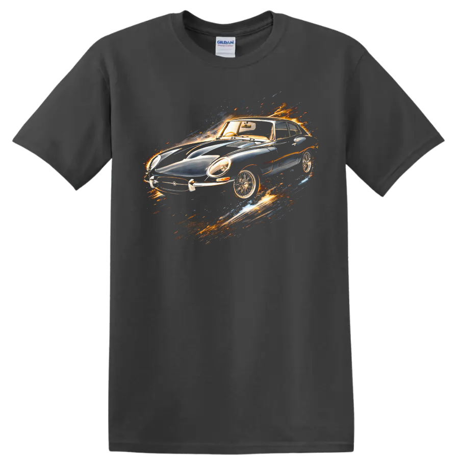 Jaguar E-Type Coupe 1963 with fiery motion effect graphic print T-shirt on a Charcoal T Shirt