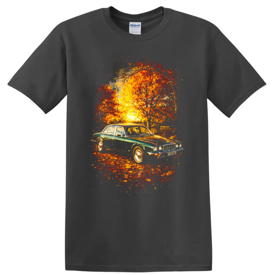 Jaguar XJ old car graphic print with autumn trees and sunset on a Charcoal T Shirt