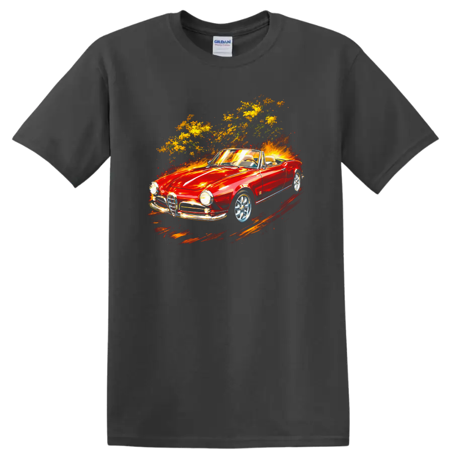 Red Alfa Romeo Giulietta Spider convertible graphic print T Shirt on a Charcoal T Shirt